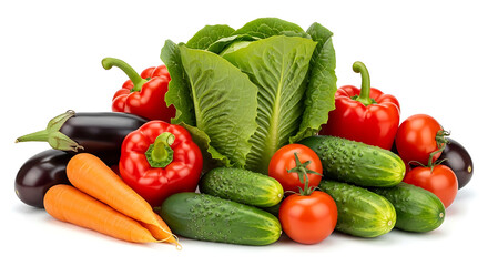 A vibrant assortment of fresh, raw vegetables including tomatoes, peppers, and cucumbers isolated on a white background, representing healthy eating and a balanced diet