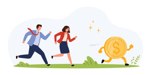 Two business people running after a fleeing gold coin with dollar sign, symbolizing financial loss, urgency, and money management in modern economy isolated vector illustration
