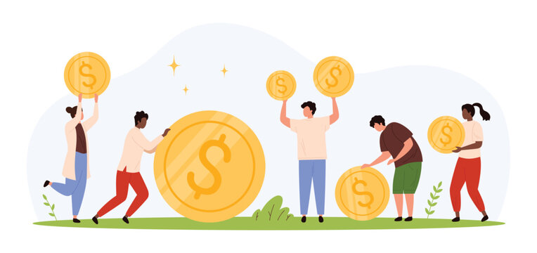 Group of diverse people holding and moving oversized gold coins, teamwork and financial growth concept, flat style, outdoor scene, economic cooperation isolated vector illustration