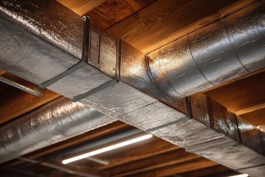 Insulated ductwork with lighting under wooden ceiling