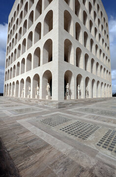 Rome, Metropolitan City of Rome Capital, Italy - Oct 26, 2025: The Palazzo della Civilt&agrave; Italiana in Rome, Italy. The building is an example of Italian Rationalism and fascist architecture.