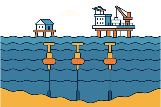 Offshore drilling platform with ocean sensors and waves illustrative scene