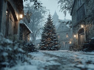 a snowy village scene with a christmas tree decorated with lights