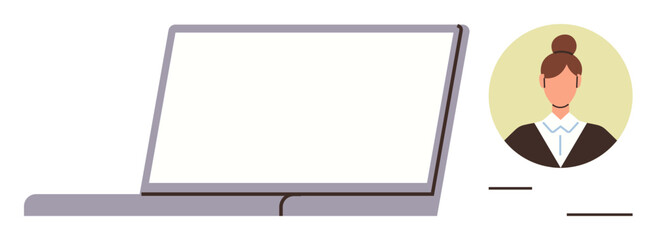Open laptop with blank screen alongside a female avatar in business attire, showcasing user profile representation. Ideal for remote work, communication, online identity, technology, professionalism