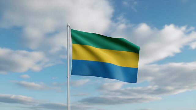 Gabon flag waving proudly in the wind against a bright blue sky with fluffy clouds, perfect for travel, culture, or independence day visuals