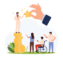 Businessman receives reward standing on coins while diverse group points at inequality, highlighting privilege, discrimination, and social status issues in society isolated vector illustration