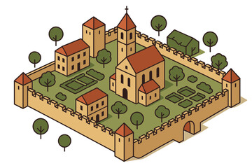 Medieval castle in isometric style with gardens and trees inside fortified walls