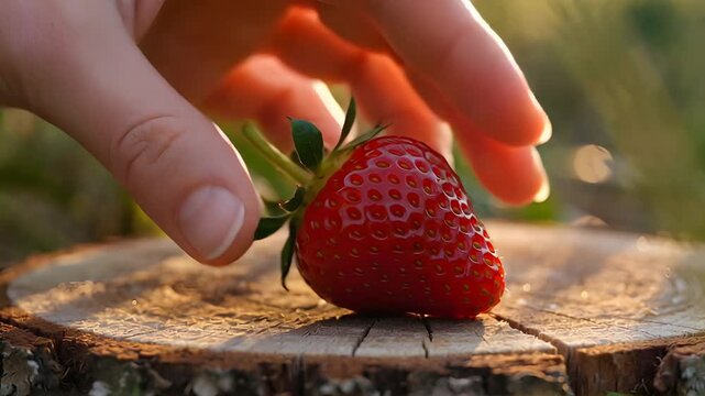Macro shot of a ripe strawberry on a rustic wooden board, soft bokeh, golden morning light, natural sweetness, delicate texture.