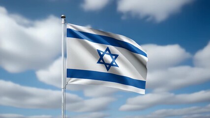 Majestic Israeli flag waving proudly in the wind against a bright blue sky with soft clouds creating a dynamic and patriotic scene