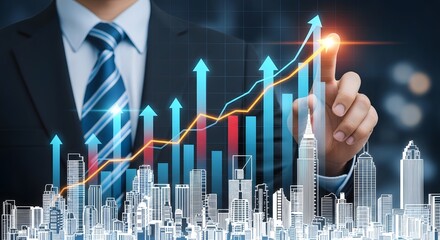 Financial Growth Charts with Cityscape Background in Office Environment, Technology Visualization, and Data Analytics Concept