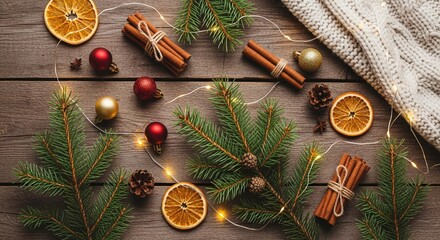 Festive Christmas flat lay with fir branches, dried oranges, cinnamon sticks, and ornaments on a wooden background.