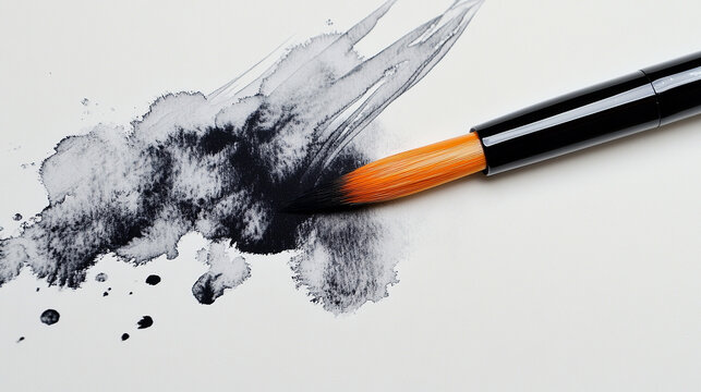 Calligraphy brush with flowing black ink on textured paper artistic inky strokes elegant lettering traditional writing tool creative expressive design with fluid motion and subtle shading