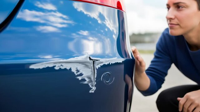 Woman examining damage to car bumper with scratch and dent, insurance claim process after car accident footage