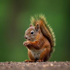 Fototapeta premium Adorable red squirrel holding a small nut, captured in a tight closeup against a beautiful, softly blurred green and brown forest background ,macro ,food ,outdoor