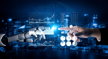 Futuristic Interaction Between Human Hand and Robotic Hand with Data Visualization in Background Impute.