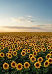Fototapeta premium Glorious expansive agricultural landscape featuring vibrant yellow sunflower fields stretching to the distant horizon under the warm summer sky, rural scene, development, healthy