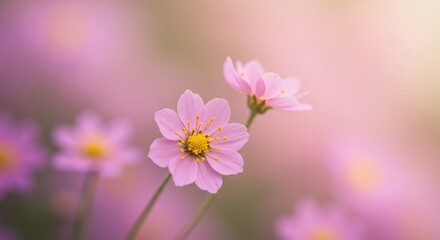Fototapeta premium Soft focus abstract background depicting vibrant springtime floral elements in gentle pastel tones, ideal for greeting cards or design projects ,blossom, wallpaper, copy space