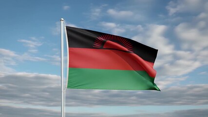 Malawi flag waving proudly against a bright blue sky with wispy clouds symbolizing national pride and patriotism on a breezy day