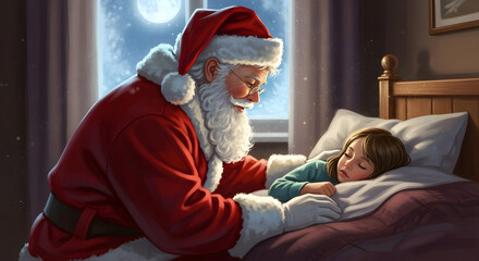 Fototapeta premium Santa Claus tucking sleeping child into bed on Christmas Eve under moonlit window – heartwarming holiday illustration with gentle copy space