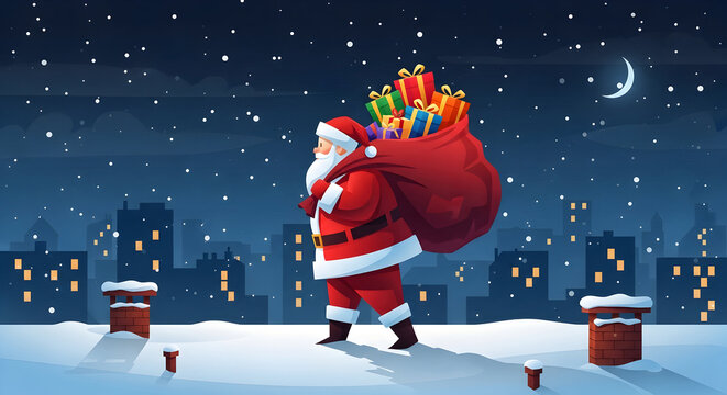 Santa Claus carrying bulging gift sack across snowy rooftops under crescent moon &ndash; festive Christmas night illustration with ample copy space