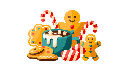 Fototapeta premium Festive arrangement of gingerbread cookies, candy canes and a cup of hot chocolate.