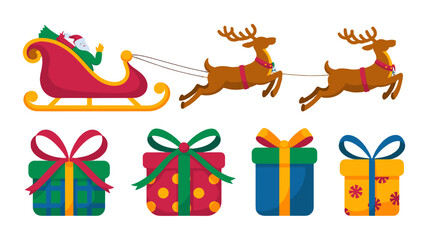 A festive illustration of Santa's sleigh, reindeer, and colorful gift boxes.