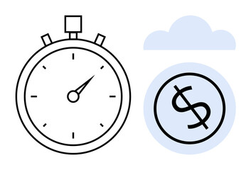 Stopwatch highlighting time, cloud with dollar sign symbolizing costs, savings, efficiency, and value. Ideal for productivity, budgeting, project management, decision-making financial planning