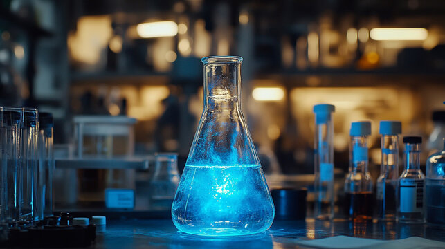 A vivid chemical reaction glows brightly in a dark laboratory, illuminating flasks and glassware with neon-like colors, showcasing science in action.
