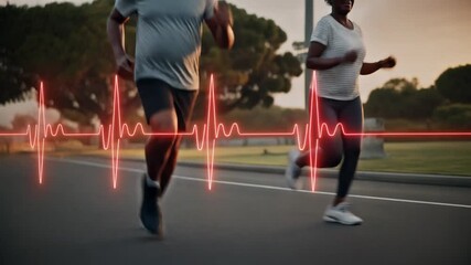 Couple running at sunset with heart rate monitor overlay - Powered by Adobe