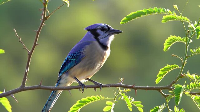 Blue jay perched gracefully on a thorny branch