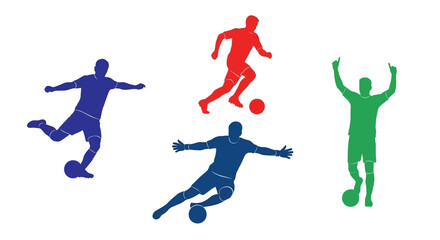 Colorful silhouettes of soccer players in dynamic action poses with a ball