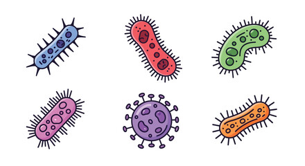 Colorful illustration depicting various bacteria shapes and forms for scientific study