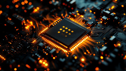 Close up of circuit board with central computer processors CPU glowing details futuristic technology electronic components motherboard digital network concept