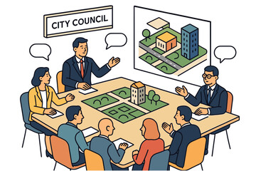 City council meeting discussing urban planning with isometric city map