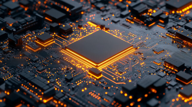 Close up of circuit board with central computer processors CPU glowing details futuristic technology electronic components motherboard digital network concept