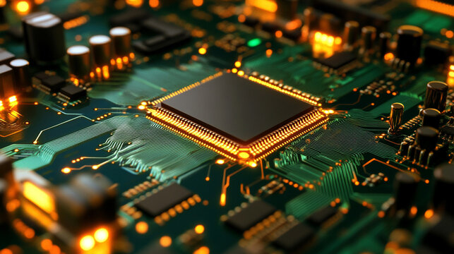 Close up of circuit board with central computer processors CPU glowing details futuristic technology electronic components motherboard digital network concept