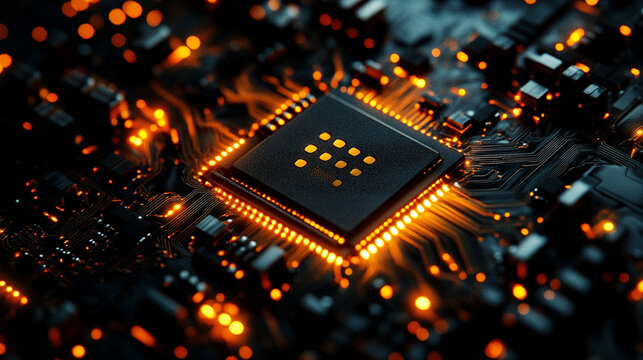 Close up of circuit board with central computer processors CPU glowing details futuristic technology electronic components motherboard digital network concept - Powered by Adobe