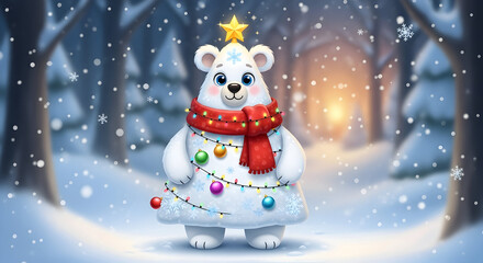 Obraz premium Adorable polar bear decorated as Christmas tree walking in snowy forest – whimsical winter illustration with glowing copy space