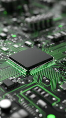 Close up of circuit board with central computer processors CPU glowing details futuristic technology electronic components motherboard digital network concept