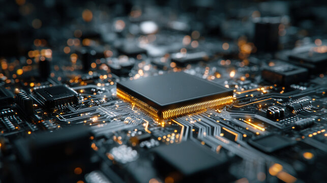 Close up of circuit board with central computer processors CPU glowing details futuristic technology electronic components motherboard digital network concept