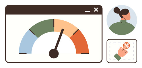 Performance meter on color-coded gradient scale in browser, user profile avatar, and touch interaction icon. Ideal for analytics, efficiency, user experience, productivity, feedback, monitoring