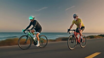 Two cyclists ride bikes along the coast at sunset
