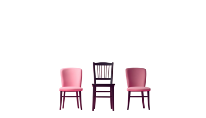 Three chairs of varying styles sit against a black background. Two are pink, one dark wood