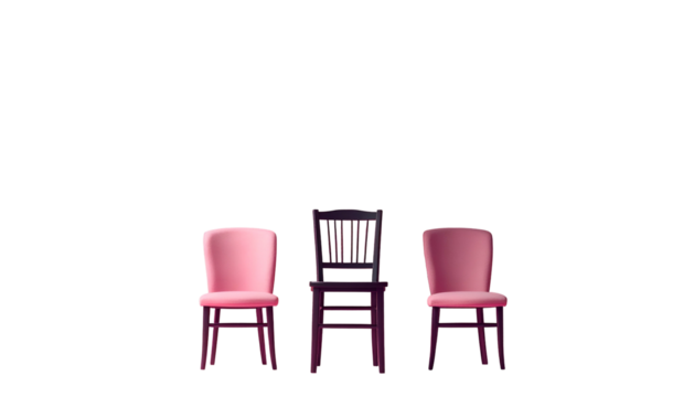 Three chairs of varying styles sit against a black background. Two are pink, one dark wood