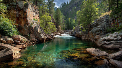 Fototapeta premium Crystal-clear river water flows gently over smooth rocks, reflecting sunlight and surrounded by natural greenery, evoking tranquility and freshness.