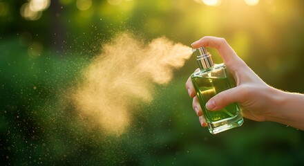 Hand spraying green perfume bottle with golden mist outdoors fragrance