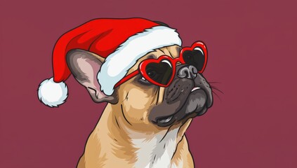 A French bulldog wearing heart-shaped sunglasses and a Santa hat.
