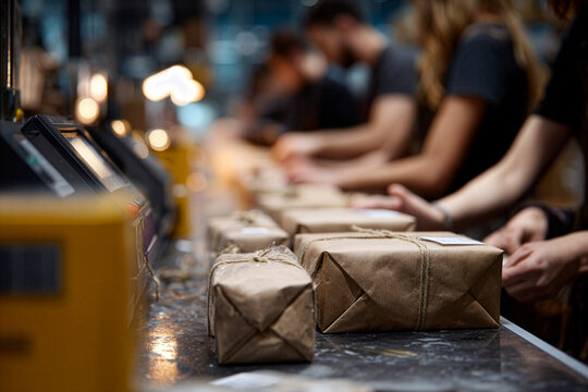 Holiday Fulfillment Center Packaging Line with Brown Boxes - Supply Chain Logistics