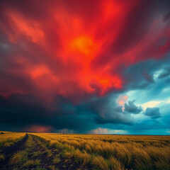 Warm intense dramatic weather Resplandor dorado breaks the black void stormy skies high tension reds oranges yellows