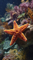 Close up of underside of vibrant orange sea star crawling across aquarium glass in coral reef tank showcasing marine life texture patterns movement and underwater ecosystem detail